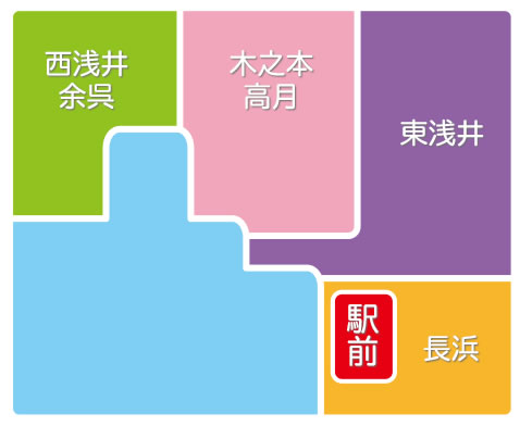 長浜のエリア地図：西浅井・余呉、木之本・高月、東浅井、長浜、駅前